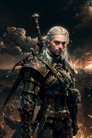 1boy, sole_male, long white hair, warrior, green eyes, war clothes, boy handle the sword, Legendary swordو epic background, cinematic light, ancient background, complex background ,kratosGOW_soul3142,geralt_soul3142