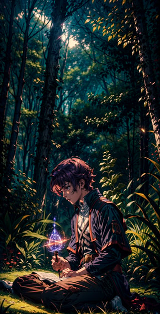 a dynamic action scene where a young and handsome boy casts a powerful giant spell sitting on the grass, surrounded by a dense forest, ultra quality, high and detailed environment, dark red wizard clothes, purple short  hair, magic circles, magic trails, magic particles, glow, dinamic angle, meadow of luminous mushrooms, mystical atmosphere, summoned beings,