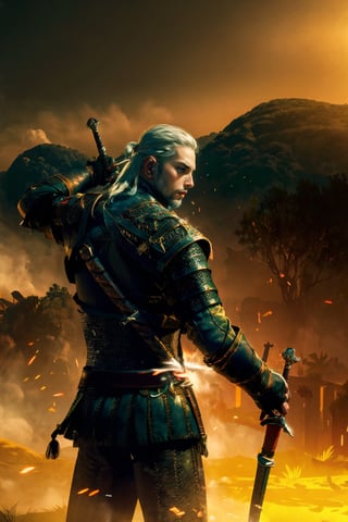 1boy, sole_male, long white hair, warrior, green eyes, war clothes, boy handle the sword, Legendary swordو epic background, cinematic light, ancient background, complex background ,kratosGOW_soul3142,geralt_soul3142