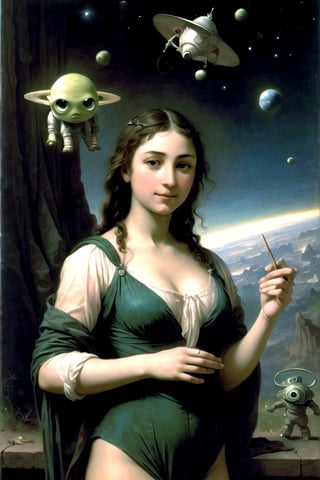 paint classical realism like Bouguereau of a Martian ((aristocrat_family)),  extraterrestrial,  little green man,  space invader,  intelligent life form,  creature from outer space,  visitor from outer space,  ET
