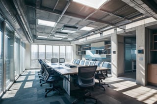 photorealistic, masterpiece, best quality, raw photo, interior of office, wide camera, technology company, futuristic style, close white ceiling, blue and white color tone, glasses wall, warm sun,brutaltech