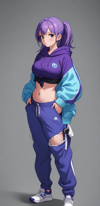 one girl, busty, wearing sport blue bras, hoodies, and casual pants , plain blank background , half_body image, open navel visible ,tied purple hair , half body image ,