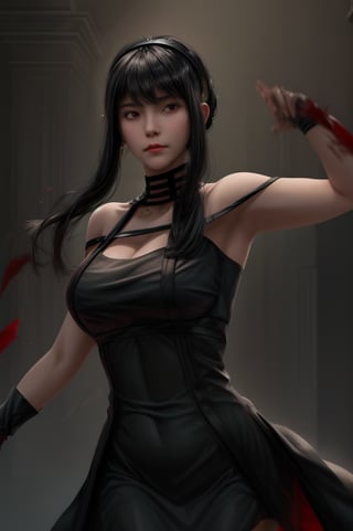 beautifull girl, black hair, asymmetric_bangs, half body image ,BBYORF , wearing black dress, open shoulders, night ,European classical city background , backlighting , black headband , blood splash on the body , fighting pose