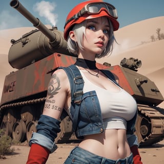 Highly Stylised post_apocalyptic sketch of steam_punk heroine Tank_Girl, wearing an army_helmet, welding_goggles, gigantic_breasts, pointy_nipples, Mohawk_haircut, white hair, red and black, tattoos, denim hot pants, tank_top, in the style of Jamie Hewlett, deadline magazine, dystopian, desert scene, military tank, 