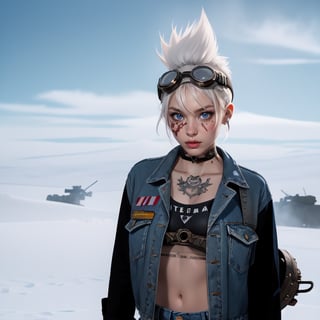 Highly Stylised sketch of steam_punk heroine Tank_Girl, welding_goggles, wearing an army_helmet gigantic_breasts, Mohawk_haircut, white hair, red and black, tattoos, denim hot pants, tank_top, in the style of Jamie Hewlett, deadline magazine, dystopian, desert scene, military tank, 