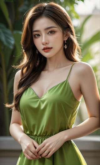 (masterpiece, Best Quality, photorealistic, ultra-detailed, finely detailed, high resolution, 8K wallpaper), 1 beautiful woman, with large-sized breasts, standing on a white background, light-brown medium-length hair, in a shiny green dress luxury, sharp-focus, perfect dynamic composition, beautiful detailed eyes, detailed hair, detailed realistic skin texture, smiling, strong sunlight, professional photography, fashion magazine cover work,