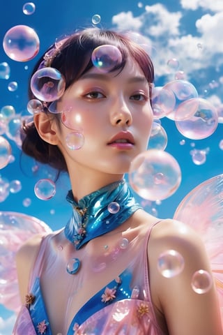 (close-up face view:1.9),a woman in a pink dress blowing bubbles, high fashion magazine cover, glossy flecks of iridescence, of a youthful Japanese girl, wearing translucent sheet, blue sky above, promotional render, adorned in a transparent plugsuit, delicate crystal wings extending gracefully, immersed in an alien landscape, clouds forming a celestial ballet, exotic flora adding to the dreamlike atmosphere.",more detail XL,glitter,Glass Elements,skirtlift,dreamgirl