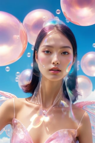 (close-up face view:1.9),a woman in a pink dress blowing bubbles, high fashion magazine cover, glossy flecks of iridescence, of a youthful Japanese girl, wearing translucent sheet, blue sky above, promotional render, adorned in a transparent plugsuit, delicate crystal wings extending gracefully, immersed in an alien landscape, clouds forming a celestial ballet, exotic flora adding to the dreamlike atmosphere.",more detail XL,glitter,Glass Elements,skirtlift,dreamgirl,bubbleGL