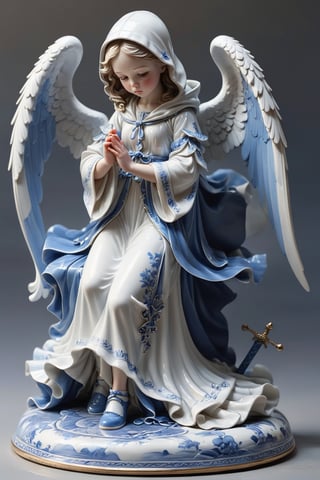 1girl figure of an angel in a hood, down on one knee, with one hand resting his fingers on the ground, with the other hand holding the hilt of a sword stuck in the ground on the royal background. The gaze is directed into the distance. The wings are folded behind the back. The figure is made of white and blue porcelain,3d isometric,BookScenic,