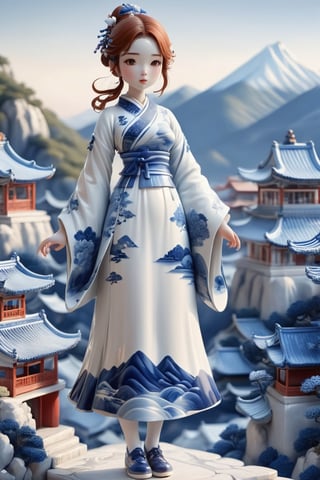 1 girl,full_body,chinako,simple background,bright color,reddish cheeks,blue and white porcelain clothes,blue city, front, recent photo, blue and white porcelain mountain, blue and white porcelain building, blue and white porcelain background