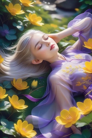 1 girl, upper body close-up, white hair, flowing hair, hazy beauty, extremely beautiful facial features, yellow embroidered dress, hair clip on the head, lying in the bushes, purple flowers, (spring, rainy days, terraces, mountains), simple vector art, contemporary Chinese art, soft light, layered form, seen from above,minimalist hologram