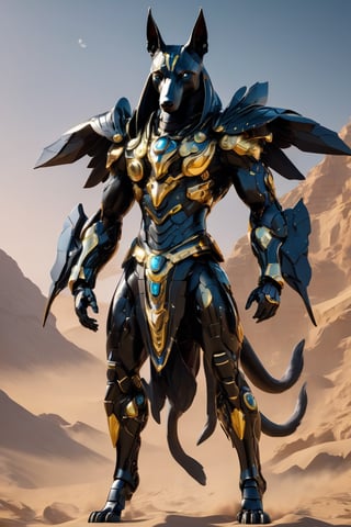 a bio mechanical anubis merge with doberman or germanshepered, superhero landing, front facing, fullbody, front side, subsurface scattering, glow, bloom, Bioluminescent liquid,3d style,cyborg style,Movie Still,Leonardo Style, mecha, obsidian black,proportional body, human body with a legs of a dog, obsedian black with gold, shorter arms,egyptian design