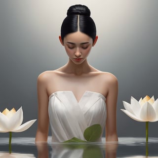 ((best quality)), ((masterpiece)), (detailed), (realistic),NYFlowerGirl, 1girl, black hair, flower, dress, solo, white dress, hair bun, single hair bun, reflection, closed eyes, water, dark-skinned female, dark skin, standing, collarbone, sleeveless, bare shoulders, facing viewer, grey background, sleeveless dress