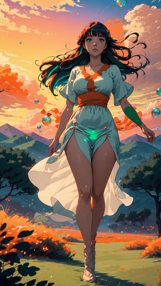 ((masterpiece)), (best quality), (cinematic), a woman in a long white dress, running through an open field, long black hair, bangs, chubby, wide hips, full body, green eyes, freckles on cheeks, wind, detailed face, detailed body, red and orange sky, glow, clouds, vegetation, green plains, floating bubbles, (cinematic, colorful), vast field, (extremely detailed), inspired by Studio Ghibli, EpicSky, cloud, sky, highly detailed, detailed face