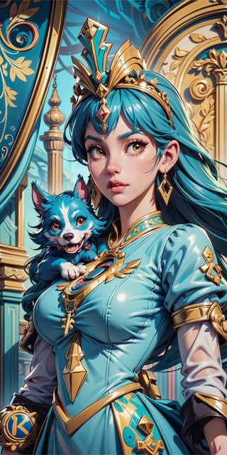 a close up of a cartoon of a woman in a dress with a dog, highly detailed exquisite fanart, ((a beautiful fantasy empress)), blue and gold color scheme, cushart krenz key art feminine, professional character design, rococo queen, official character illustration, high quality character design, royal dress, official character art, official fanart, ornate cosplay