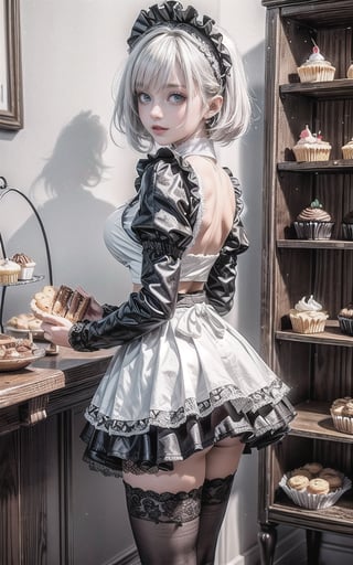 ((1 girl, adorable, happy)), ((maid, blue skirt, black thighhighs, maid apron, long sleeves, puffy sleeves, naked lace panties)), (hairband, white hair, short hair, blue eyes, makeup),naked (large breasts, large ass, thick thighs, wide hips, voloptuous), (sweet charm:1.3), pies, fresh baked bread, macarons, wooden shelves with cupcakes, bakery, shop, scenery, soft, cozy, glitter,