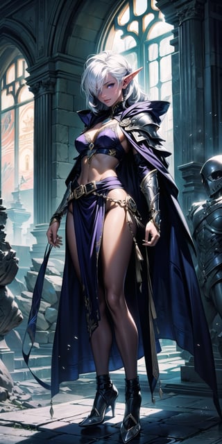 Beautiful girl, solo, dark elf, dark skin, white hair, purple eyes with a slight glow, long loose hair, straight bangs covers one eye, smirk, light armor, cloak, elaborate details, complex patterns, dinamic angle, action pose, volumetric lighting, multiple light sources, intricate detailed background, masterpiece, utra quality, sharp focus, (perfect waist line , perfect figure), full body,