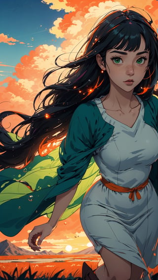 ((masterpiece)), (best quality), (cinematic), a woman in a long white dress, running through an open field, long black hair, bangs, chubby, wide hips, full body, green eyes, freckles on cheeks, wind, detailed face, detailed body, red and orange sky, glow, clouds, vegetation, green plains, floating bubbles, (cinematic, colorful), vast field, (extremely detailed), inspired by Studio Ghibli, EpicSky, cloud, sky, highly detailed, detailed face