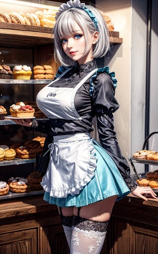 ((1 girl, adorable, happy)), ((maid, blue skirt, black thighhighs, maid apron, long sleeves, puffy sleeves, lace panties)), (hairband, white hair, short hair, blue eyes, makeup), (large breasts, large ass, thick thighs, wide hips, voloptuous), (sweet charm:1.3), pies, fresh baked bread, macarons, wooden shelves with cupcakes, bakery, shop, scenery, soft, cozy, glitter,