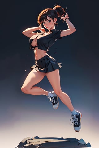 ((Masterpiece)),((Ultra Best quality)),Photorealistic,8k raw photo,((Hyperdetailed)),Girl,((Any Pose)).Beautiful Face,Black Crop Top,Black Skirt,,Looking On Viewer,blurry_light_background, ((Big Round Boobs)), detailed, perfect body, perfect hand,full body,wearing sneakers,ponytail