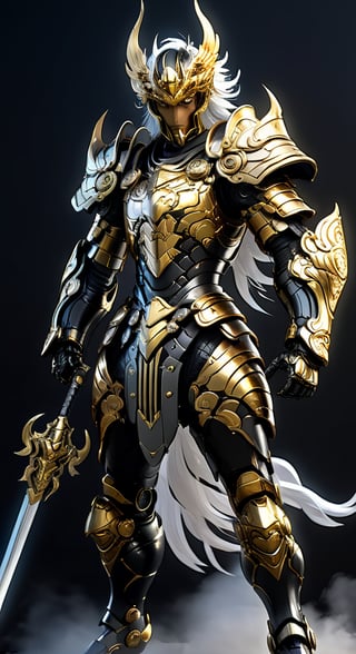 Seya character from Pegasus  Knights of the Zodiac agile angry, powerful figure wearing futuristic black and SilverBronze Knights of the Zodiac armor and weapons, reflection mapping, realistic figure, hyper-detailed cinematic lighting photography, 32k uhd with a golden staff, lighting rgb in suit,
By: panchovilla,mecha