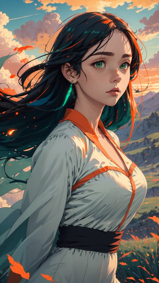 ((masterpiece)), (best quality), (cinematic), a woman in a long white dress, running through an open field, long black hair, bangs, chubby, wide hips, full body, green eyes, freckles on cheeks, wind, detailed face, detailed body, red and orange sky, glow, clouds, vegetation, green plains, floating bubbles, (cinematic, colorful), vast field, (extremely detailed), inspired by Studio Ghibli, EpicSky, cloud, sky, highly detailed, detailed face