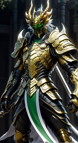 Shyriu character from Dragon  Knights of the Zodiac agile angry, powerful figure wearing futuristic black and GreenBronze Knights of the Zodiac armor and weapons, reflection mapping, realistic figure, hyper-detailed cinematic lighting photography, 32k uhd with a golden staff, lighting rgb in suit,
By: panchovilla,mecha