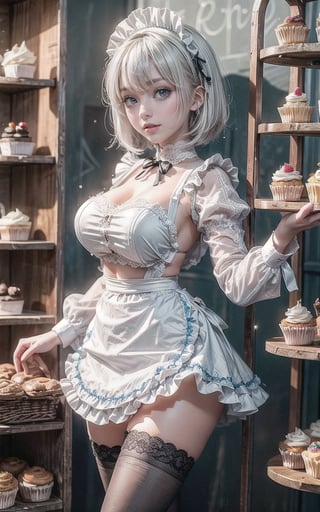 ((1 girl, adorable, happy)), ((maid, blue skirt, black thighhighs, maid apron, long sleeves, puffy sleeves, naked lace panties)), (hairband, white hair, short hair, blue eyes, makeup),naked (large breasts, large ass, thick thighs, wide hips, voloptuous), (sweet charm:1.3), pies, fresh baked bread, macarons, wooden shelves with cupcakes, bakery, shop, scenery, soft, cozy, glitter,