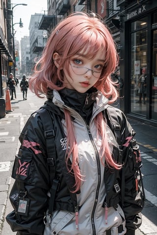 1girl,AgoonGirl ,Detailedface,outfit,Detailedeyes, , red hair,pink hair, urban techwear