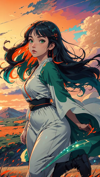 ((masterpiece)), (best quality), (cinematic), a woman in a long white dress, running through an open field, long black hair, bangs, chubby, wide hips, full body, green eyes, freckles on cheeks, wind, detailed face, detailed body, red and orange sky, glow, clouds, vegetation, green plains, floating bubbles, (cinematic, colorful), vast field, (extremely detailed), inspired by Studio Ghibli, EpicSky, cloud, sky, highly detailed, detailed face