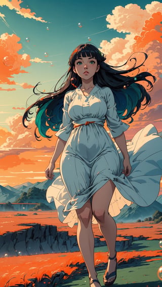 ((masterpiece)), (best quality), (cinematic), a woman in a long white dress, running through an open field, long black hair, bangs, chubby, wide hips, full body, green eyes, freckles on cheeks, wind, detailed face, detailed body, red and orange sky, glow, clouds, vegetation, green plains, floating bubbles, (cinematic, colorful), vast field, (extremely detailed), inspired by Studio Ghibli, EpicSky, cloud, sky, highly detailed, detailed face