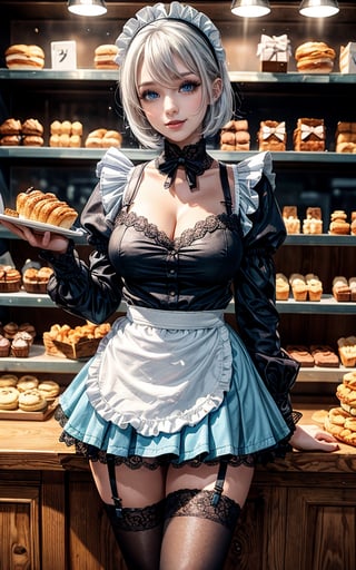 ((1 girl, adorable, happy)), ((maid, blue skirt, black thighhighs, maid apron, long sleeves, puffy sleeves, naked lace panties)), (hairband, white hair, short hair, blue eyes, makeup), (large breasts, large ass, thick thighs, wide hips, voloptuous), (sweet charm:1.3), pies, fresh baked bread, macarons, wooden shelves with cupcakes, bakery, shop, scenery, soft, cozy, glitter,