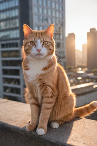 1cat, orange cat, sitting, looking_at_viewer, outdoor, city, sunrise, photography 