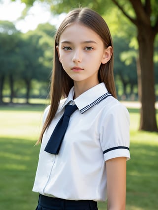 a half-body portrait photo of a fashion model, (age 12-15:1.2), (dynamic pose:1.3), upper body, close up, gorgeous face, highly detailed face, smooth soft skin, looking at viewer, (from side:0.9), make up, (pubescent girl, short girl, slender girl, very thin:1.2), (summer school uniform:1.1), (outdoors, in deserted park, in the morning, dark background:1.4),

More Reasonable Details,