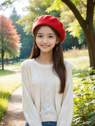 Imagine a young girl, aged between 14 and 17, with long flowing hair cascading down her back. She has a bright and infectious smile on her face, radiating warmth and joy. The girl is slender with a skinny body and very thin frame, but she carries herself with confidence and grace. 

She is standing alone in a deserted park, surrounded by nature's tranquility. The park is located outdoors, with lush greenery and towering trees providing a serene backdrop. The girl is dressed in a cozy white sweater that hugs her slim figure, complemented by a vibrant red fur-beret perched on top of her head. She accessorizes with delicate ear rings that catch the sunlight and sparkle with every movement.

The atmosphere in the park is calm and peaceful, with a gentle breeze rustling the leaves and birds chirping in the distance. The girl seems to be lost in her own thoughts, enjoying the solitude and the beauty of the surroundings. Despite being alone, she exudes a sense of contentment and inner peace, as if she has found a sanctuary in this deserted park.

This scene captures the essence of a young girl's innocence and resilience, as she navigates the complexities of adolescence with a smile on her face and a hopeful heart. The combination of her youthful appearance, the serene outdoor setting, and her stylish yet understated outfit creates a visually captivating image that evokes a sense of tranquility and wonder.
,More Reasonable Details, more detail XL, FilmGirl