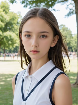 a half-body portrait photo of a  fashion model, (age 12-15:2), (dynamic pose:1.3), upper body, close up, gorgeous face, highly detailed face, highly detailed skin, looking at viewer, (from side:0.2), make up, (pubescent girl, short girl, slender girl, very thin:1.2), (summer school uniform:1.1), (outdoors, in deserted park, in the morning, dark background:1.4), (nude, naked girl, completely naked, no pants, pussy, vagina:1.6),

supermodel\(hubggirl)\,More Reasonable Details,FilmGirl,