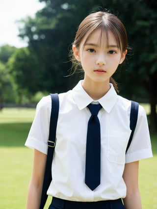 a half-body portrait photo of a fashion model, (age 12-15:1.2), (dynamic pose:1.3), upper body, close up, gorgeous face, highly detailed face, smooth soft skin, looking at viewer, (from side:0.9), make up, (pubescent girl, short girl, slender girl, very thin:1.2), (summer school uniform:1.1), (outdoors, in deserted park, in the morning, dark background:1.4),

More Reasonable Details,