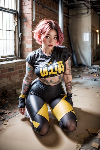 1 girl, full body, curvy body, dull black and yellow leggings, printed cropped t-shirt, urban style, perfect face, perfect eyes, short pink hair, tattoos, mix of fantasy and realism, inside an abandoned oil plant , ultra high resolution, 8k, HDR