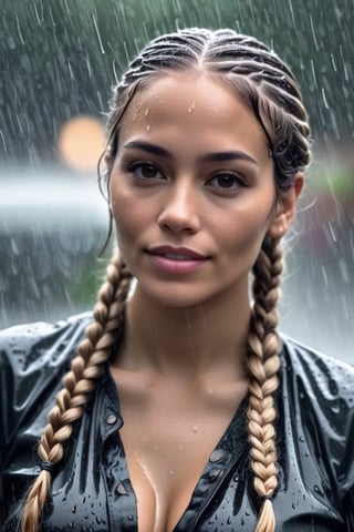 1 woman in her 30s, adult model from Brazil, braided hair, in the rain, artistic photography, creative, expressive, unique, high quality, Canon EOS 5D Mark IV DSLR, f/5.6 aperture, 1/125 second shutter speed, ISO 100, Adobe Photoshop, award-winning, Dennis Feldman style, experimental techniques, unusual perspectives, attention to detail, full body