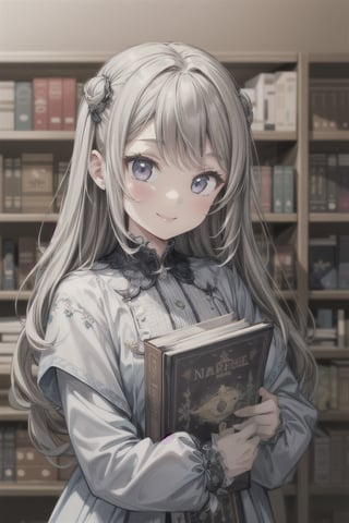 1girl, smile, books on desktop, bookshelf in background, masterpiece, beautiful details, perfect focus, 8K wallpaper, high resolution, exquisite texture in every detail