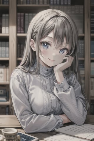 1girl, smile, bookshelf in background, masterpiece, beautiful details, perfect focus, 8K wallpaper, high resolution, exquisite texture in every detail