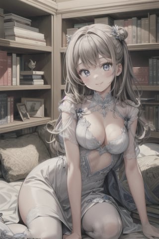 1girl, smile, bookshelf in background, masterpiece, beautiful details, perfect focus, 8K wallpaper, high resolution, exquisite texture in every detail