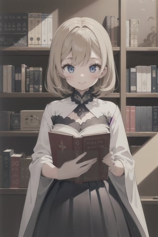 1girl, smile, bookshelf in background, masterpiece, beautiful details, perfect focus, 8K wallpaper, high resolution, exquisite texture in every detail