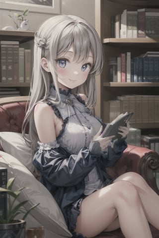 1girl, smile, bookshelf in background, masterpiece, beautiful details, perfect focus, 8K wallpaper, high resolution, exquisite texture in every detail