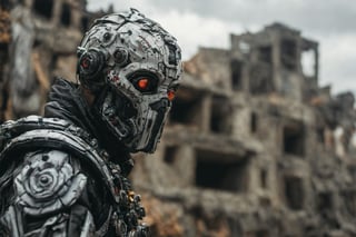 photorealitic, (((masterpiece))), (((best quality))), ((ultra-detailed)), ,perfecteyes, Moody shot of a man in cyberpank suit smells the flowers inside a house full of ruins, super detailed face, hyperrealistic, super detailed, 8k, high quality, trending art, trending on artstation, sharp focus, studio photo, intricate details, highly detailed, by greg rutkowski, (((masterpiece:1.5))), ,perfecteyes, beautiful lighting, beautiful lighting, realistic, real image, intricate details, depth of field,Sci-fi ,cyborg style, captured with Canon Ef 24mm f/1,2 USM lens on a Canon EOS 5D Mark IV camera, Low angle, ,biopunk style,male