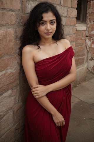 A beautiful girl, ((wearing a Red velvet dress), red dress, one shoulder, leaning against a brick wall, model pose, full body visible ,playing with her hair,morning look,holding her cheek with one hand, black super long hair, clear hair,  seducing expression, looking at the camera lazily, super wide angle, backlight, Light and dark effects, realistic style,  ,Mallu curly hair, thick body