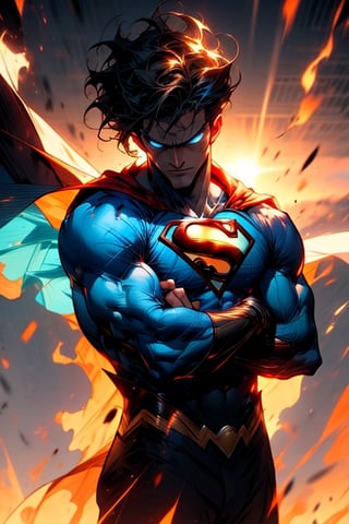  image of superman inspace,((arms crossed)), with a sun in the background,cape flowing in wind.((masterpiece)),8k uhd,professional photo,(ultra detailed face,detailed eyes,detailed hair),black hair,anatomy,(crystal blue eyes),((cowboy shot)),r1ge