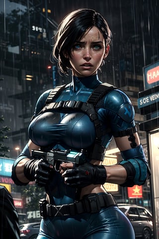 cowboy shot of (((jill valentine))), aiming rifle, resident evil,city background,zombies,(((heavy rain))),(((focused expression)))