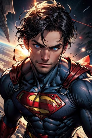  image of superman flying though space with the sun in the background.((masterpiece)),8k uhd,professional photo,(ultra detailed face,detailed eyes,detailed hair),black hair,anatomy,(crystal blue eyes),((cowboy shot))