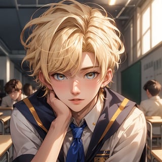 boy , school romance, traingle love,blonde hair,peircings ,hot, pov_i love you , inschool uniform, royal blue and gold, male,boy,boy,19 age

